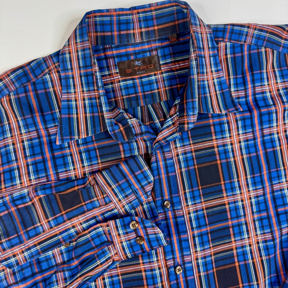 Etro Milano Plaid Button Down Shirt Mens Size 44 Blue Orange Long Sleeve